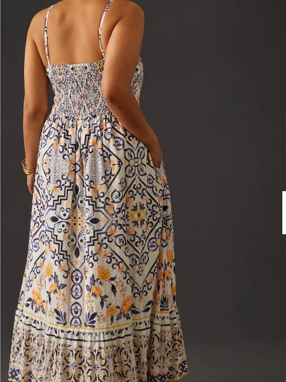 Anthropologie Ivory Maxi Dress with Navy Tile & Yellow Floral Print - Picture 4 of 7